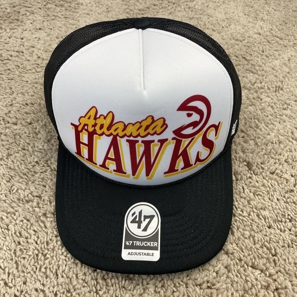 Atlanta Hawks 47 Trucker Hat‎ Foam Snapback White Black Mesh Red Script Logo Cap